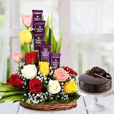 Mixed Roses & Chocolate In A Basket & Cake